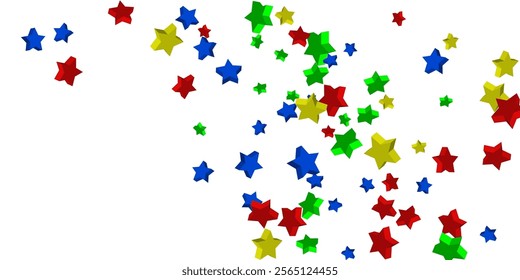 Volumetric blue, yellow, red and green stars are scattered on a white background. Festive background