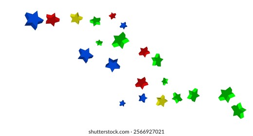 Volumetric blue, yellow, red and green stars are scattered on a white background. Festive background