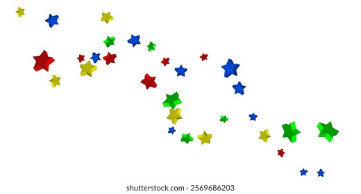 Volumetric blue, yellow, red and green stars are scattered on a white background. Festive background