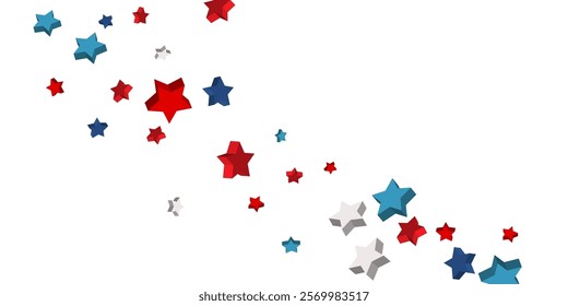 Volumetric blue, yellow, red and green stars are scattered on a white background. Festive background