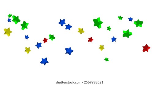 Volumetric blue, yellow, red and green stars are scattered on a white background. Festive background