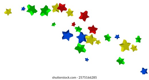 Volumetric blue, yellow, red and green stars are scattered on a white background. Festive background