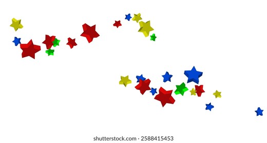 Volumetric blue, yellow, red and green stars are scattered on a white background. Festive background