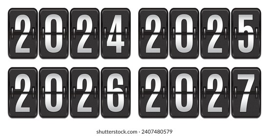 Volumetric board with the coming new year 2024. Set for four years. Color vector illustration.