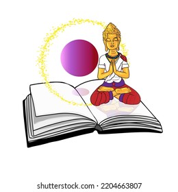 Volumetric book illustration with buddha, mantra, lotus, . Balance, yoga. teaching as a logo, icon, label, for printing on clothes, blank for designers, textiles, logo, icon