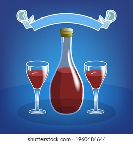 Volumetric bottle with red wine and two glasses. Glare, shadows and ribbon on a blue background