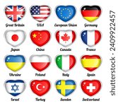 Volumetric buttons in the shape of hearts with flags of different countries. Set of isolated vector illustrations
