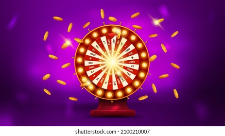 Volumetric cartoon Casino Wheel Fortune with gold coins around on purple blurred background