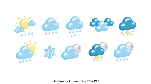 Volumetric, cartoon, meteorological weather forecast. Set, collection of 3d icons of sun, clouds, clouds, rain, snow, snowflakes, moon, thunderstorms, lightning, night, sky, day. Climatic conditions.