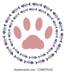 Volumetric cat footprint in circles of fish skeletons. Vector paw print isolated on white background. Logo for veterinary clinic, public organization. Purple on white