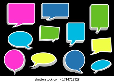 Volumetric chat icons of different shapes and colors on a black background. Speech icons are diverse and unique in vibrant colors. Vector graphics. Stock Photo.