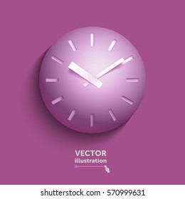 Volumetric clock Illustration in paper style. Watch with shadows on purple background isolated vector illustration