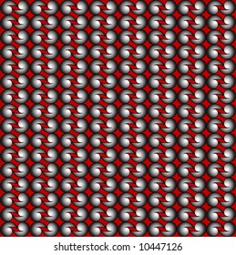 Volumetric commas from silver on  red background. Seamless vector pattern.