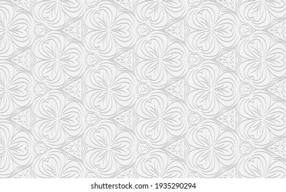 Volumetric composition with 3D effect of convex shape. Geometric white background with embossed ethnic pattern for wallpaper, presentations. Ornament for decor and design.