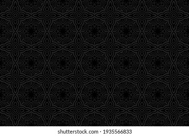 Volumetric composition with 3D effect of a convex shape based on the peoples of Africa, Mexico. Black geometric background. Ethnic relief ornament.