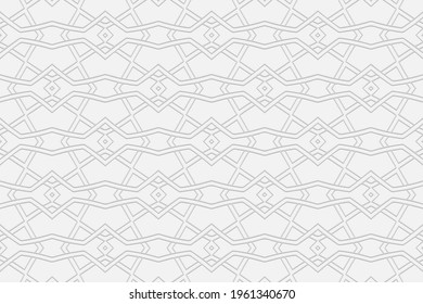 Volumetric convex white background. 3D relief geometric pattern with intertwining lines and shapes. Ornament texture with ethnic minimalist elements for design and decor.
