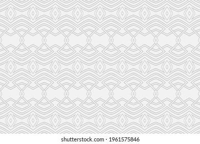 Volumetric convex white background. 3d embossed geometric pattern with intertwining lines and shapes. Ethnic decorative minimalist elements for wallpapers, websites, textiles, wrapping paper.