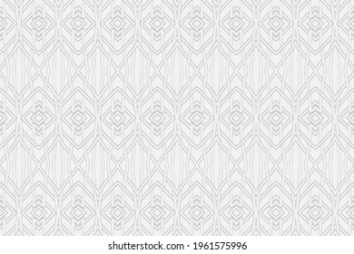 Volumetric convex white background. 3d embossed geometric pattern with intertwining lines and figures. Ethnic national minimalist elements for wallpaper, websites, textiles, wrapping paper.