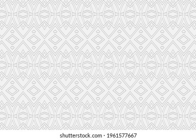 Volumetric convex white background. 3d embossed geometric pattern with intertwining lines and shapes. Ethnic minimalistic elements. Decorative unique folk ornament.