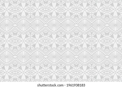 Volumetric convex white background 3d embossed geometric pattern with intertwining lines and figures Ethnic minimalist elements Traditional national ornament for design of wallpaper, textiles.