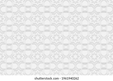 Volumetric convex white background 3D embossed geometric modern pattern with thin lines, stars and decorative figures. Ethnic minimalist elements for design and decor.