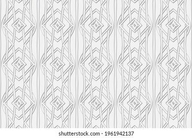Volumetric convex white background. 3d embossed geometric pattern with intertwining lines and shapes. Ethnic minimalistic elements. Modern graceful ornament for wallpaper, textiles.