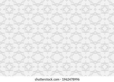 Volumetric convex white background. 3d ethnic geometric ornament. Embossed curly original pattern.Vector graphics for design.