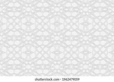 Fondo blanco convexo volumétrico. Tercer ornamento geométrico étnico. Patrón original curly bello embosado.Gráficos vectoriales para el diseño.
