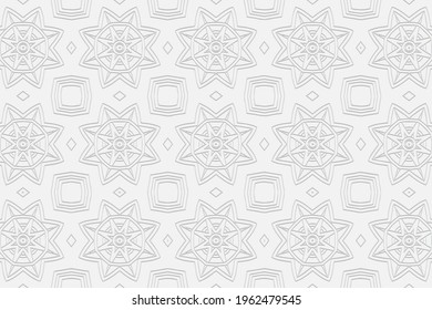 Fondo blanco convexo volumétrico. Tercer ornamento geométrico étnico. Patrón ondulado con estrellas y polígonos originales abstractos.Gráficos vectores para el diseño.