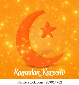 Volumetric crescent moon and star with shining particles on orange background. Ramadan Kareem. Shiny decorative moon and star.