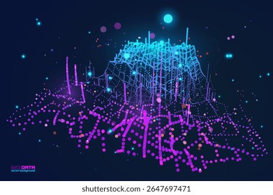Volumetric data clusters creating organic terrain with floating bar graphs. Perfect for tech conference slides, smart city projects, or NFT data art collections. Cyberpunk aesthetic vector background