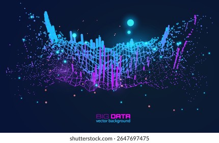 Volumetric data clusters creating organic terrain with floating bar graphs. Perfect for tech conference slides, smart city projects, or NFT data art collections. Cyberpunk aesthetic vector background