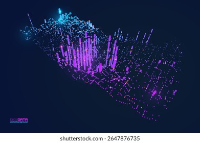 Volumetric data clusters creating organic terrain with floating bar graphs. Perfect for tech conference slides, smart city projects, or NFT data art collections. Cyberpunk aesthetic vector background - Powered by Shutterstock - Get 15% off with code: PIKWIZARD15