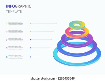 Volumetric diagram in shape of frustum divided into 5 colorful lettered horizontal parts with thin line icons inside it. Modern vector illustration for presentation, brochure, report.