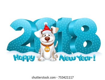 Volumetric digits 2018 in the snow and cute fun dog, zodiac symbol of the 2018 Year. Cheerful inscription Happy New Year. Vector illustration.