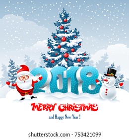 Volumetric digits 2018 in the snow on winter landscape, decorated fir tree, cute cartoon Santa Claus and Snowman. Christmas and New Year festive design. Vector illustration.