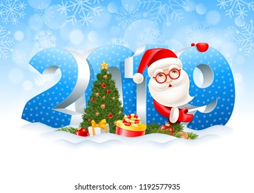 Volumetric digits 2019, Santa Claus, gifts, spruce branches, christmas toys and decorated fir tree in the snow. Winter snowy background. Christmas and New Year festive design. Vector illustration.