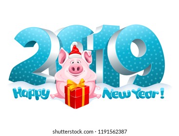 Volumetric digits 2019 in the snow and cute fun pig, zodiac symbol of the 2019 Year, with gift box. Cheerful inscription Happy New Year. Vector illustration.