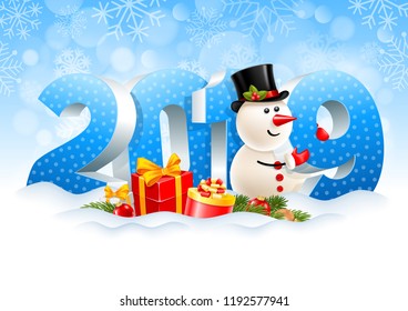 Volumetric digits 2019 and snowman, gifts, spruce branches, christmas toys in the snow. Winter snowy background. Christmas and New Year festive design. Vector illustration.