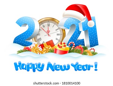 Volumetric digits 2021 and golden clock, gifts, spruce branches, christmas toys in the snow. Isolated on white background. Happy New Year lettering design. Vector illustration.