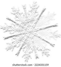 Volumetric dotted halftone vector snowflake. Highlighted powdered straight beams. Contour of polka dots, dots, spots, blots. The effect of snow, volume.