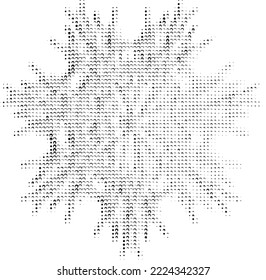 Volumetric dotted halftone vector snowflake. Contour of polka dots, dots, spots, blots. The effect of snow, airiness, bulge.