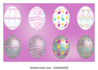  Volumetric Easter eggs of white and gray on a purple background with a delicate pattern in the form of wavy lines, flowers and baa-lambs. Vector set

