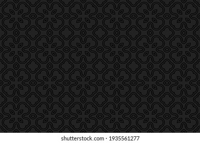 Composición étnica volumétrica con efecto 3D de forma convexa. Fondo geométrico con relieve negro con formas abstractas.
