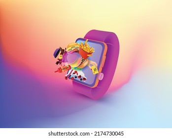 Volumetric fast food interface on the smart watch screen. Vector banner