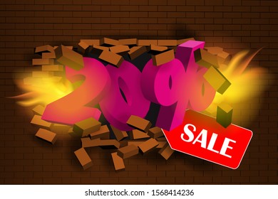 Volumetric figures 20% break a brick wall with flames. Vector banner