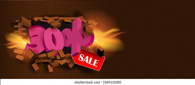 Volumetric figures 30% break a brick wall with flames. Vector banner