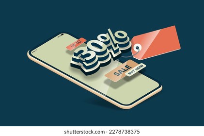 Volumetric figures of 30% on the mobile phone screen. Vector banner