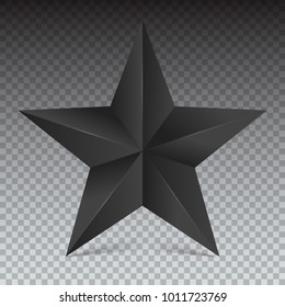 Volumetric five-pointed star. Icon of classic black star on white transparent background, 3D illustration.