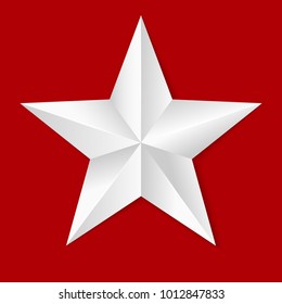 Volumetric five-pointed star. Icon of classic white star isolated on red background, 3D illustration close-up.